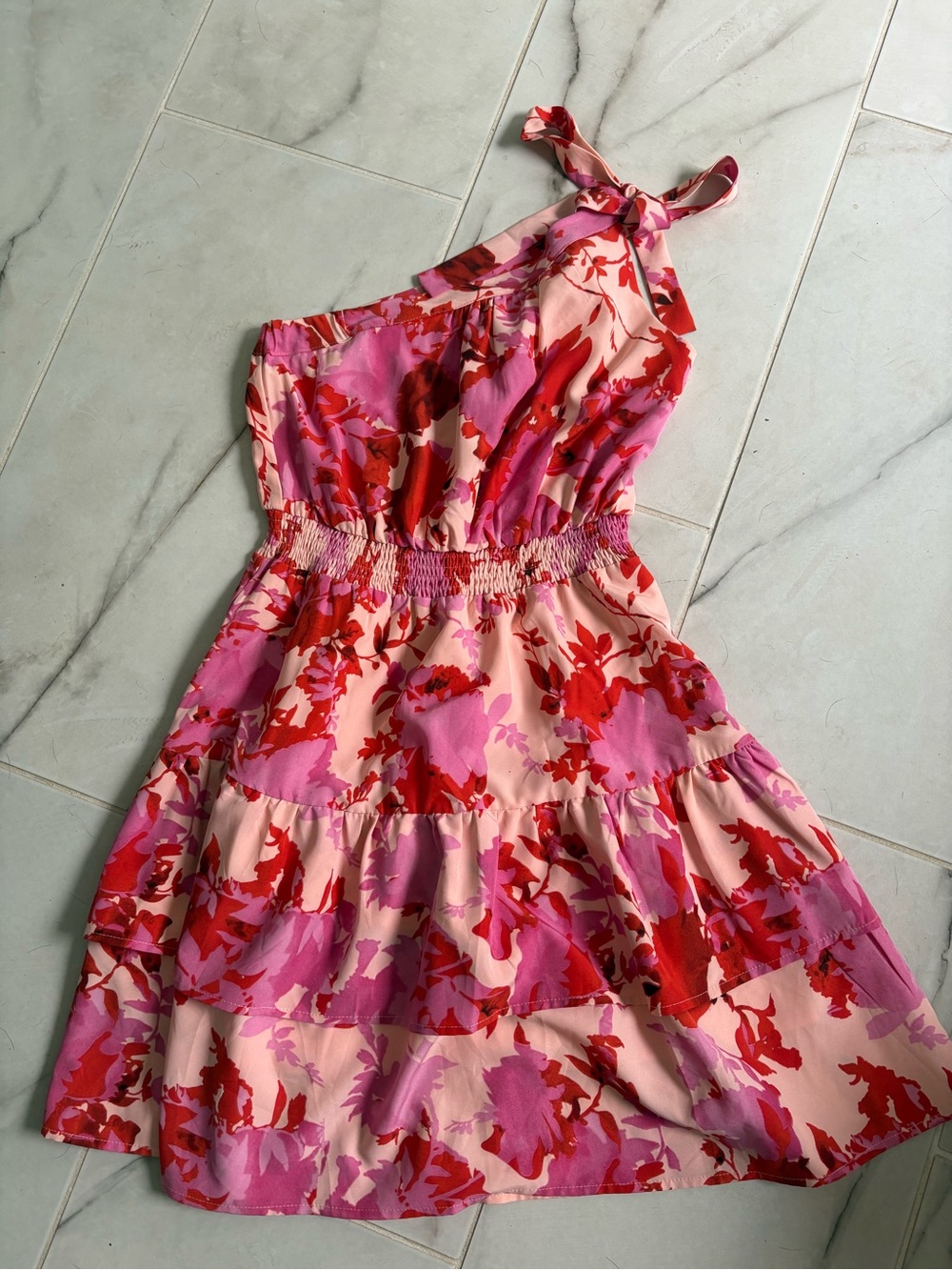 Women’s One-Shoulder Floral Dress in Pink & Red